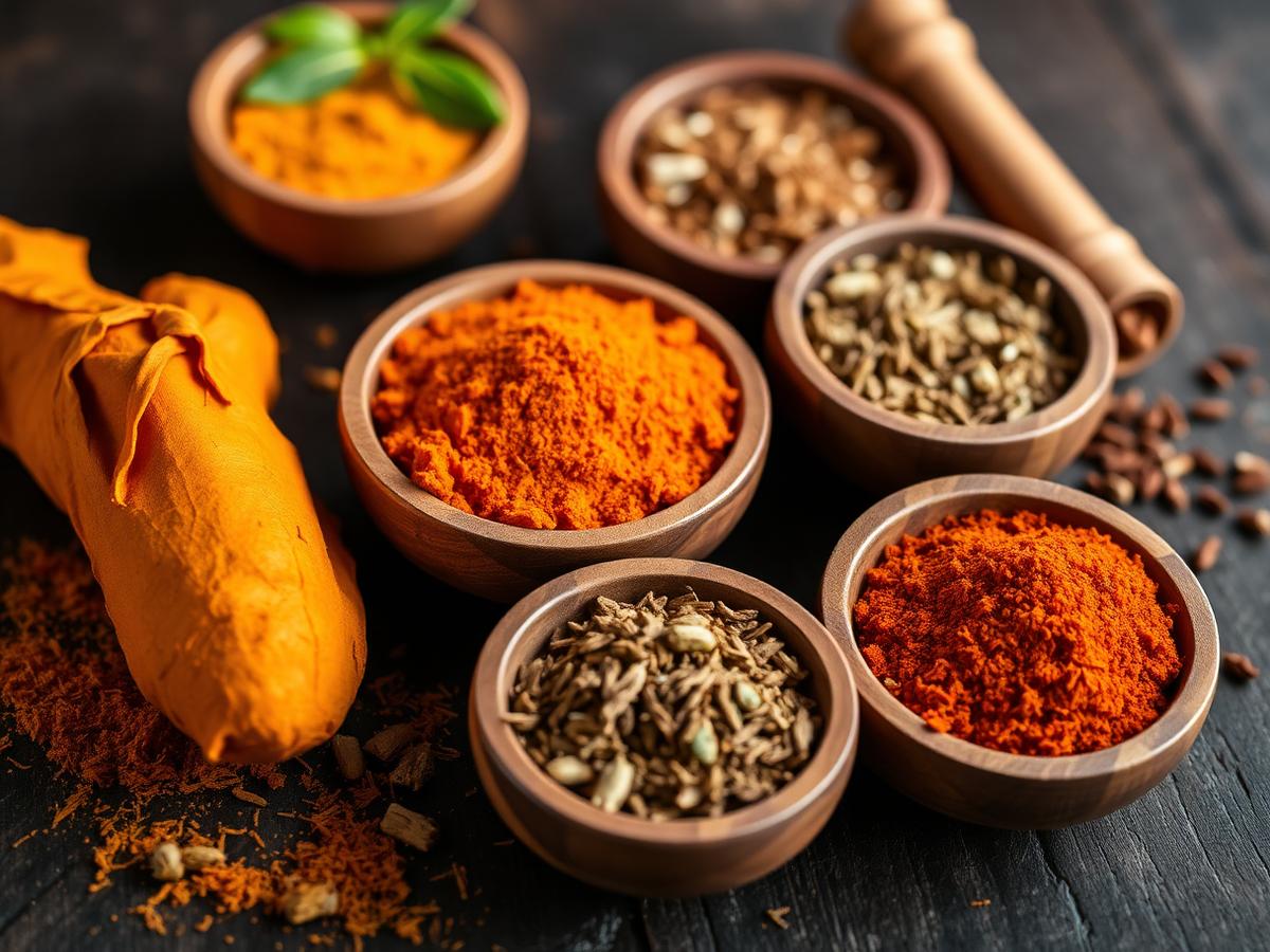 Spices and food ingredients in wooden bowls