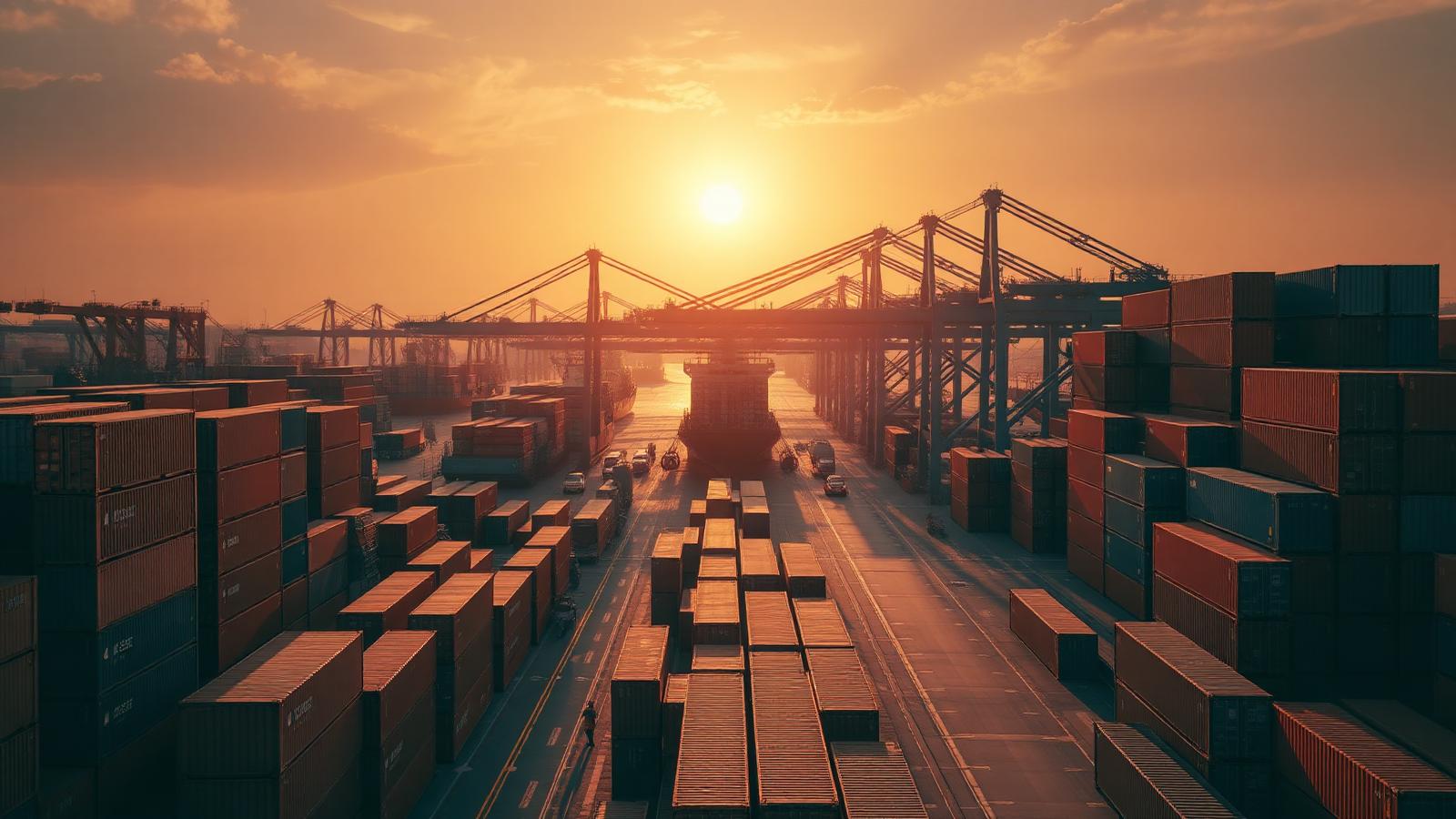 Global shipping port at sunset